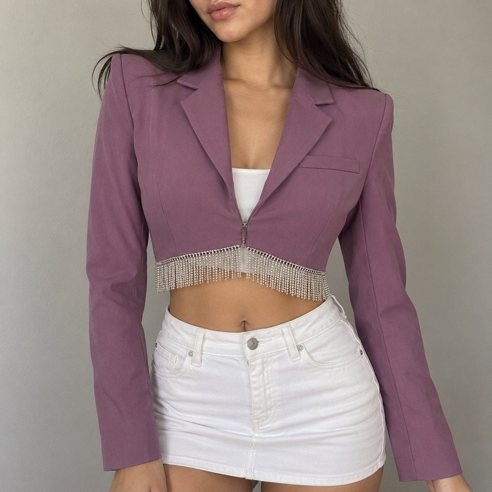 Miss Circle Purple Cropped Blazer Rhinestone Fringe Size XL Glam Y2K Night Out